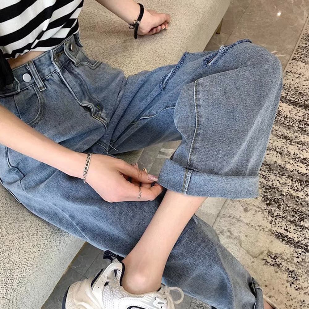 30代ファッション ダメージデニムパンツ ハイウエスト美脚ストレート
