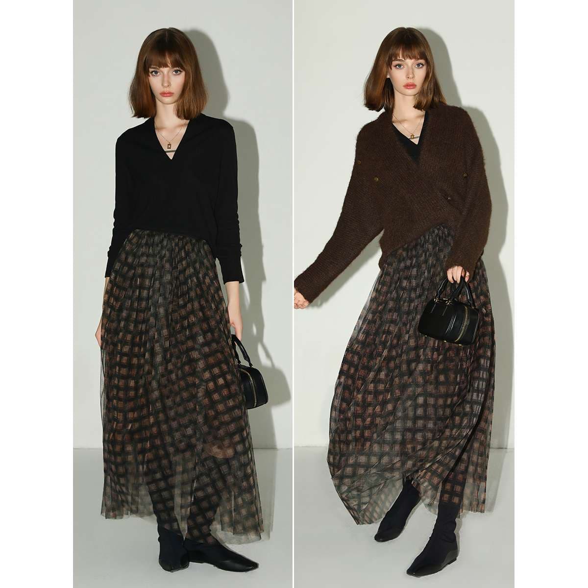 30代ファッション シアー格子柄シフォンロングスカート