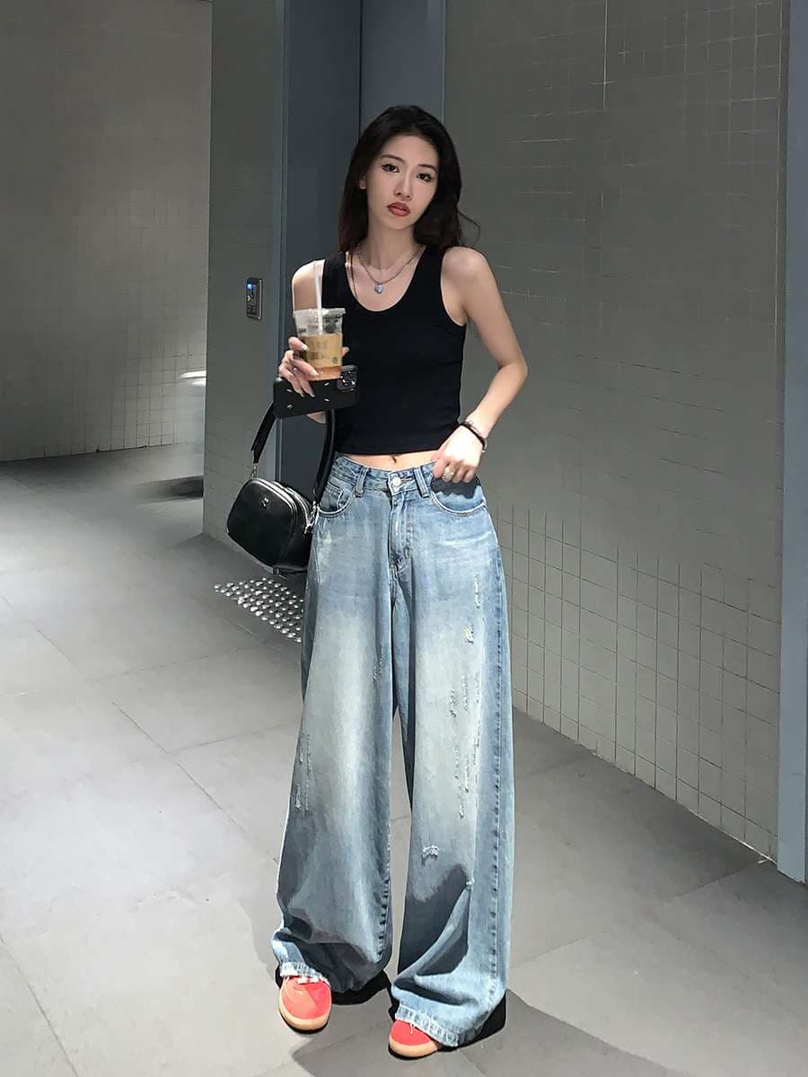 30代ファッション リラックスワイドデニムパンツ