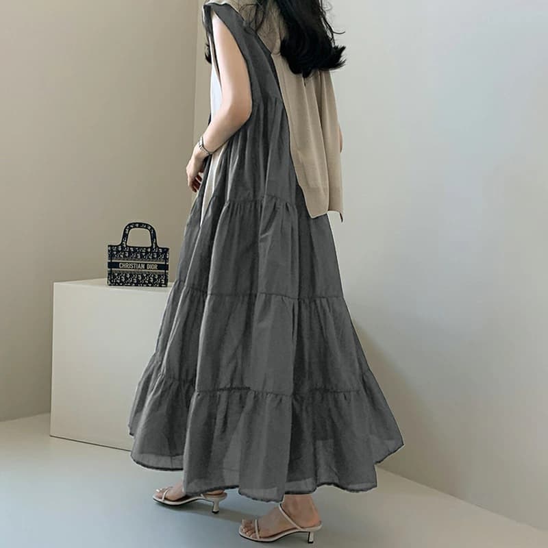 30代ファッション ティアード切替ノースリーブワンピース