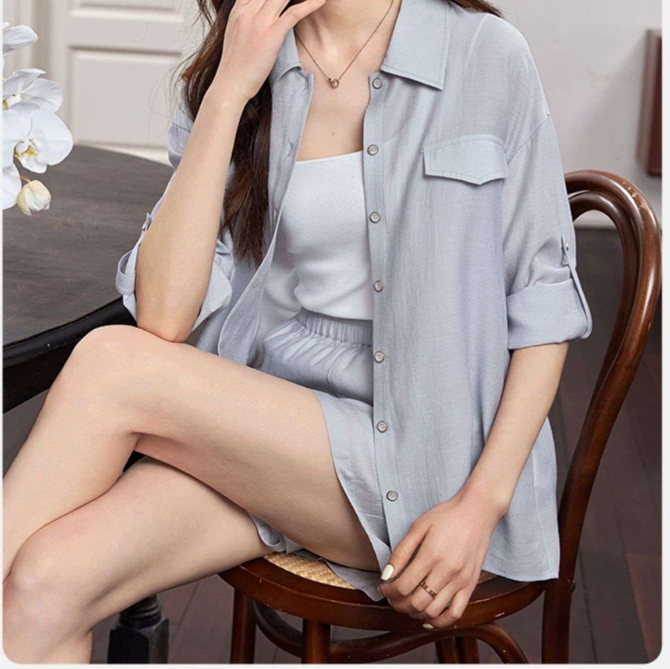30代ファッション 上品シャツ＆ショートパンツセット