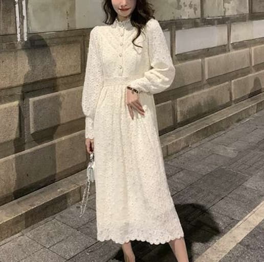 30代ファッション レトロ調レース襟ロングワンピース