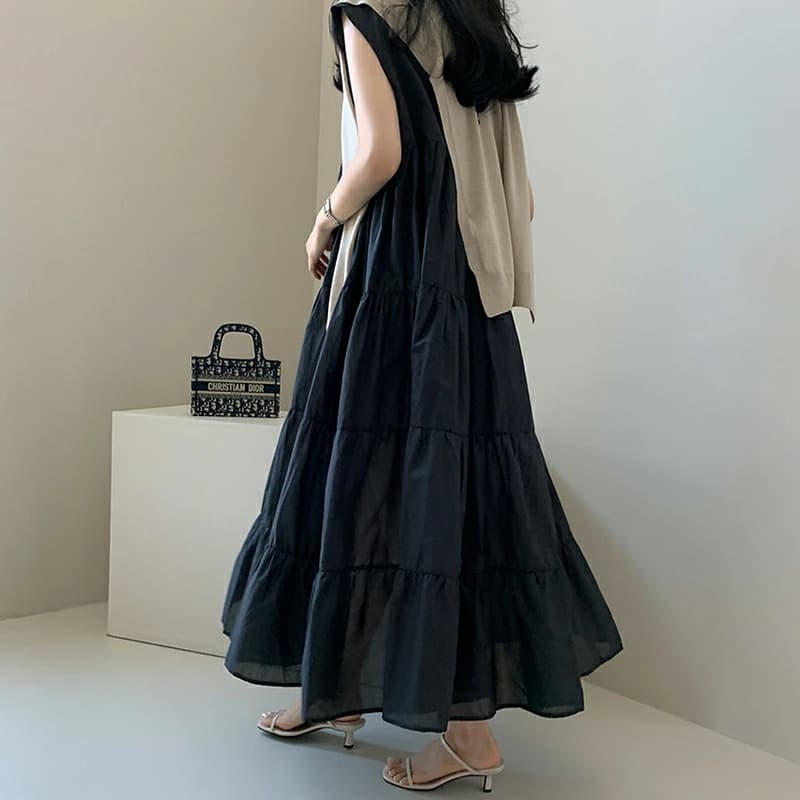 30代ファッション ティアード切替ノースリーブワンピース