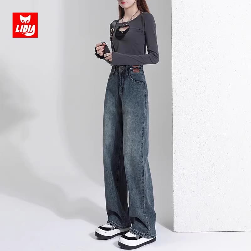 30代ファッション ハイウエスト ワイドデニムパンツ