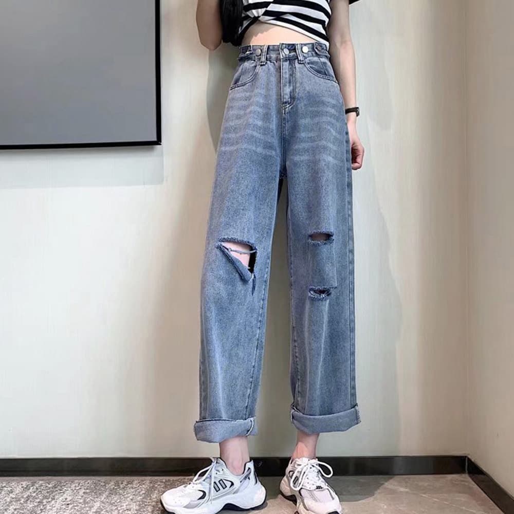 30代ファッション ダメージデニムパンツ ハイウエスト美脚ストレート
