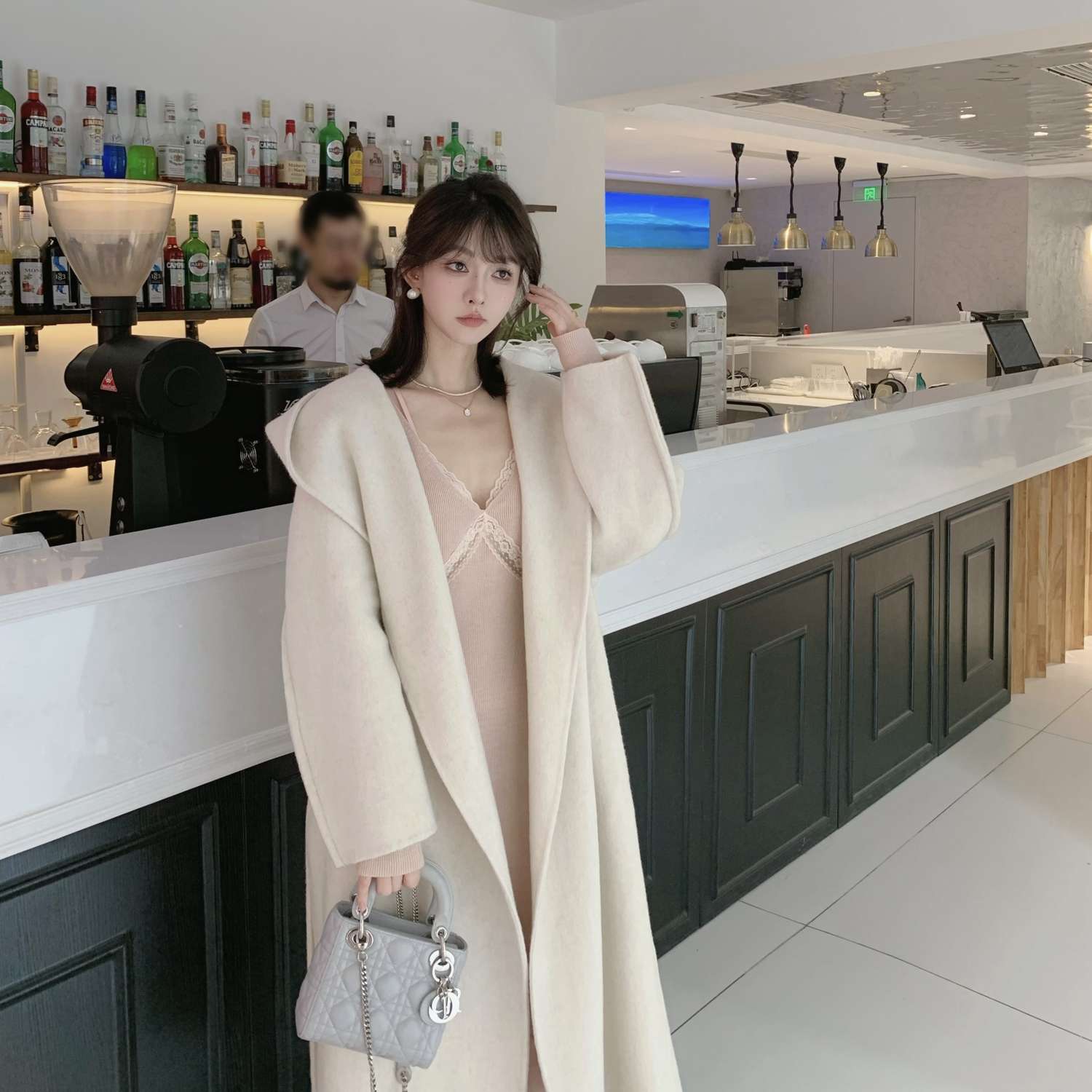 30代ファッション ウール混フード付きゆったりロングコート