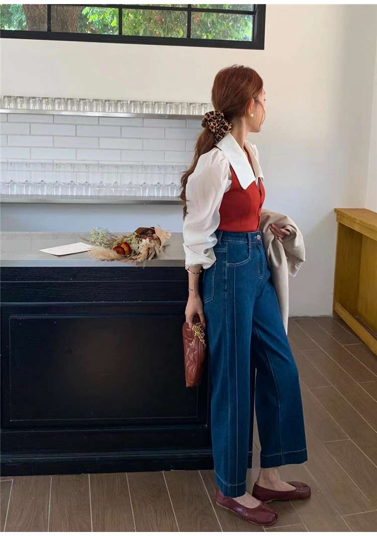 30代ファッション レトロ風ハイウエストワイドパンツ