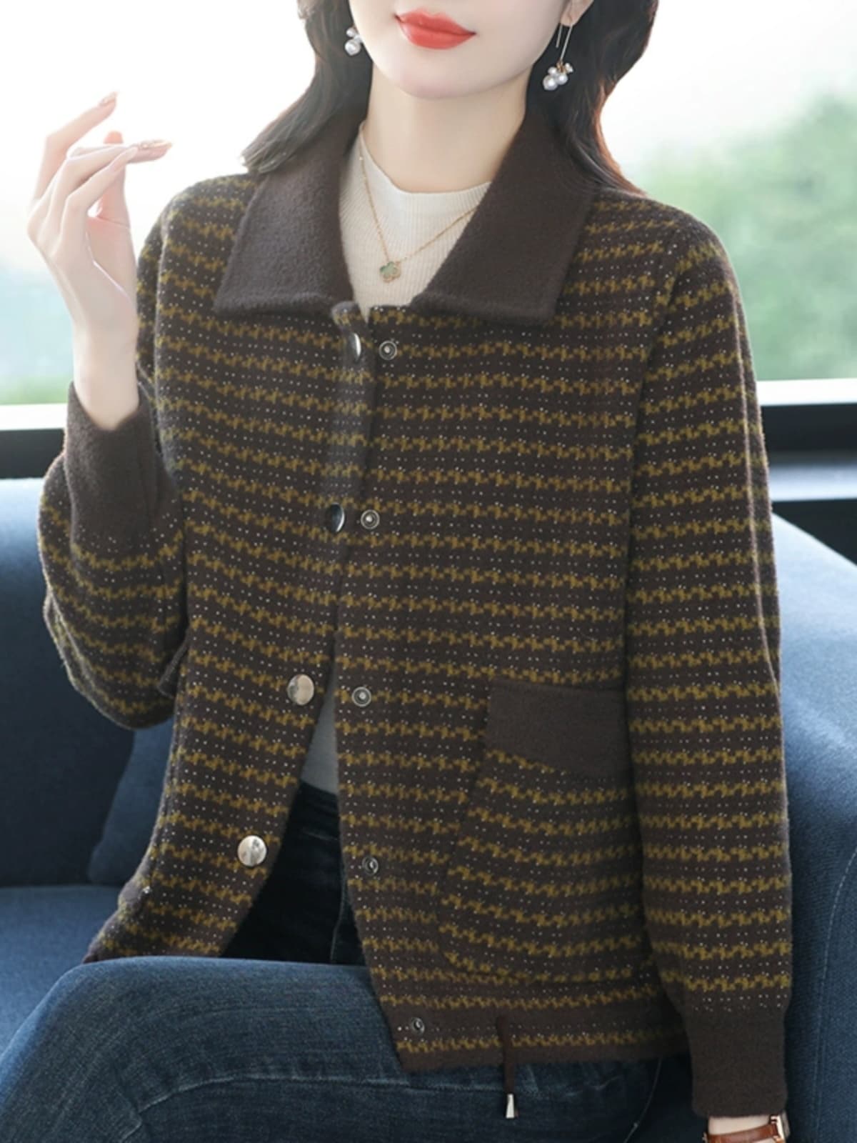 30代ファッション クラシック模様編みニットジャケット