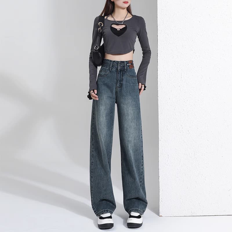 30代ファッション ハイウエスト ワイドデニムパンツ