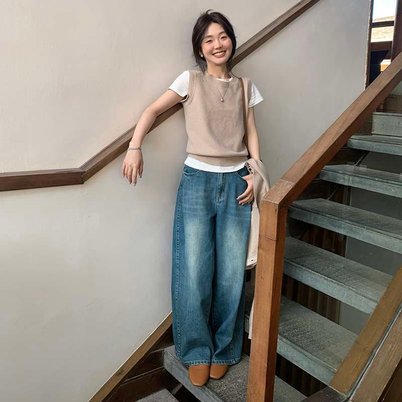 30代ファッション ワイドシルエットデニムパンツ