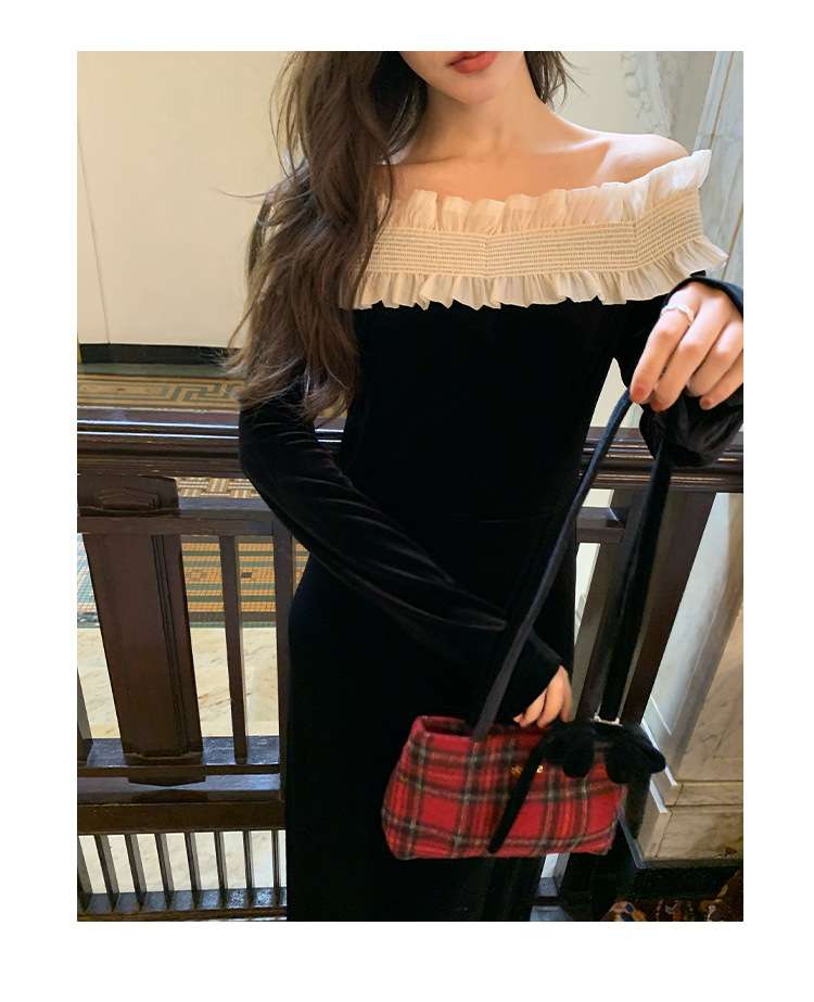 30代ファッション オフショルダーフリルロングワンピース