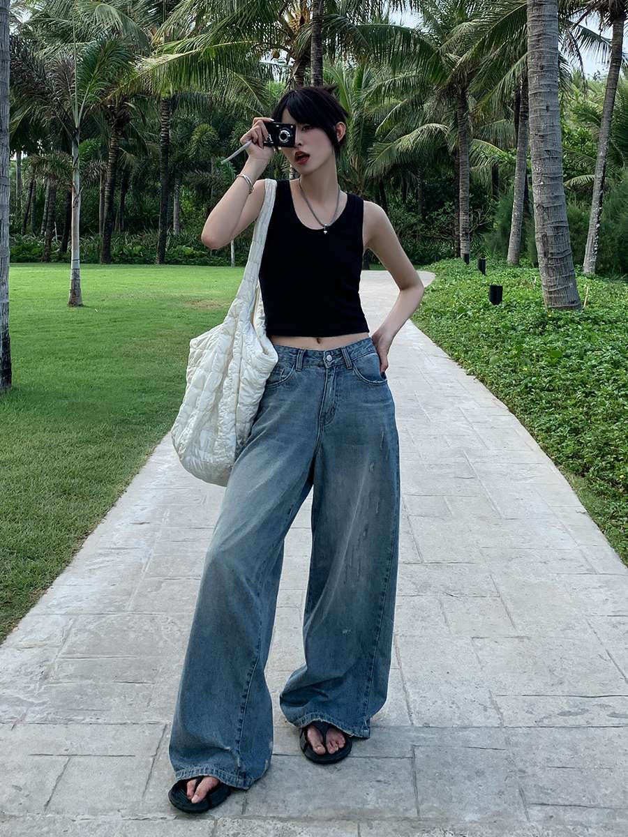 30代ファッション リラックスワイドデニムパンツ