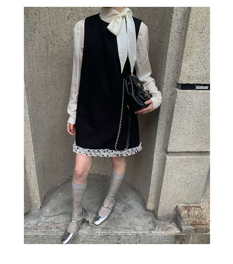 30代ファッション リボン付きドット裾レイヤード ひざ丈ワンピース