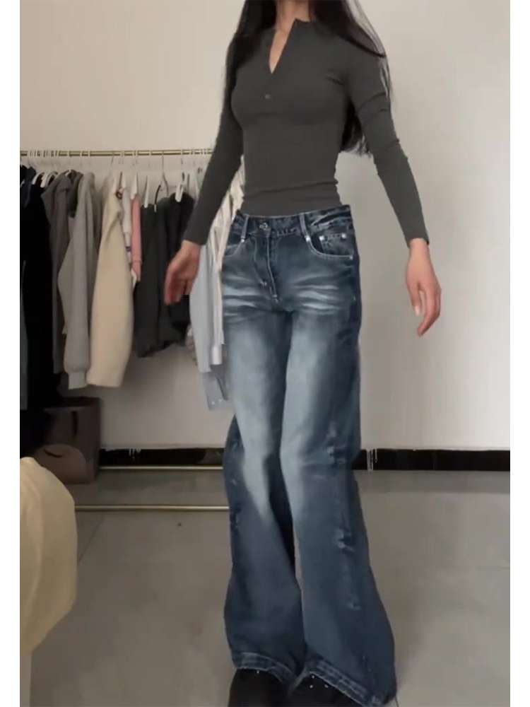 30代ファッション ルーズフィットワイドデニムパンツ