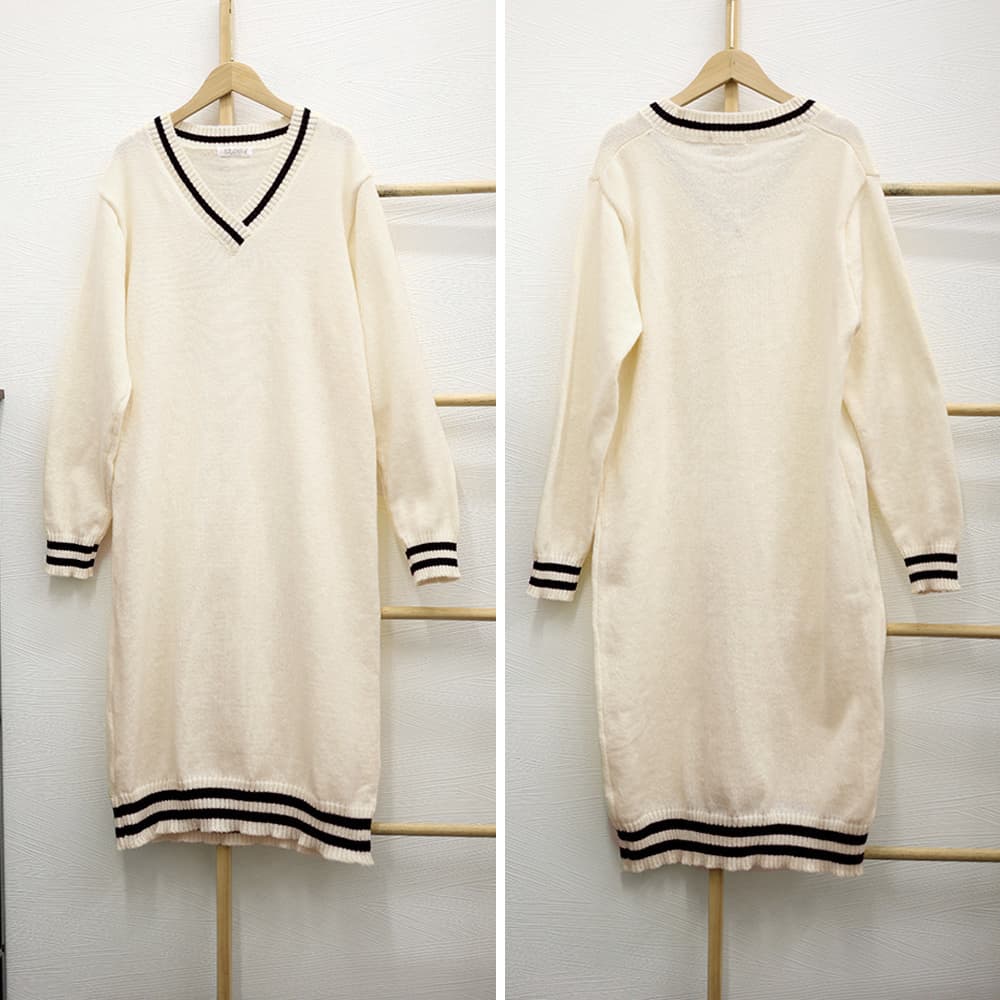 30代ファッション ブイネック ニットワンピース ロング 秋冬 体型カバー