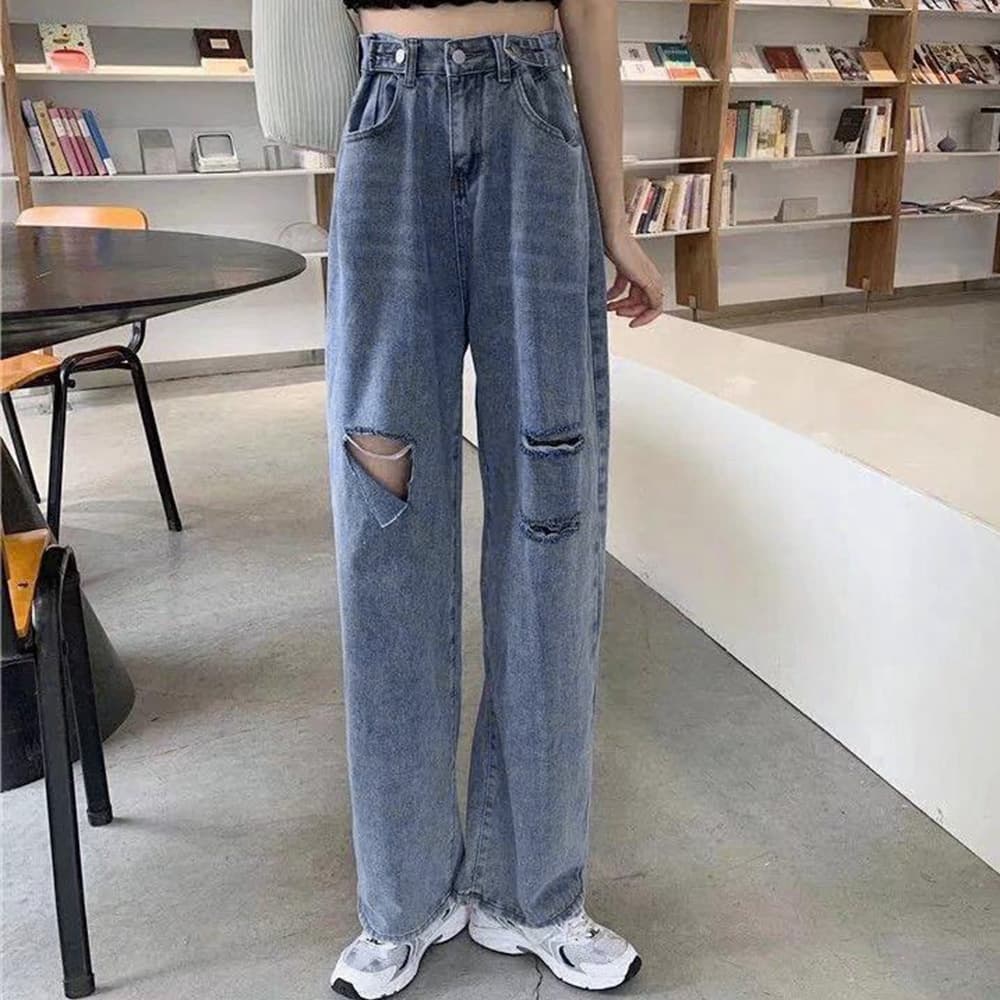 30代ファッション ダメージデニムパンツ ハイウエスト美脚ストレート