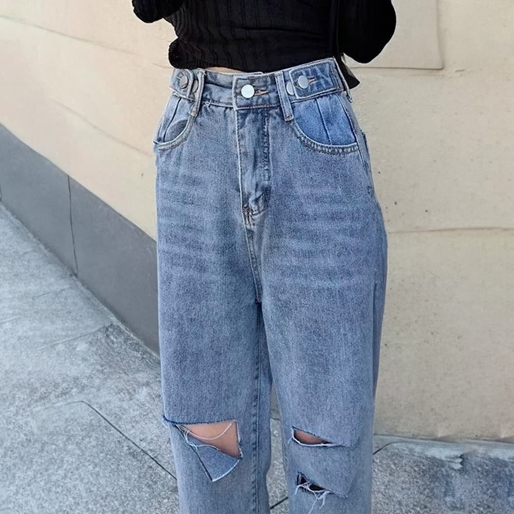 30代ファッション ダメージデニムパンツ ハイウエスト美脚ストレート