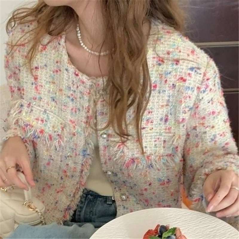 30代ファッション  ツイード風フリンジジャケット