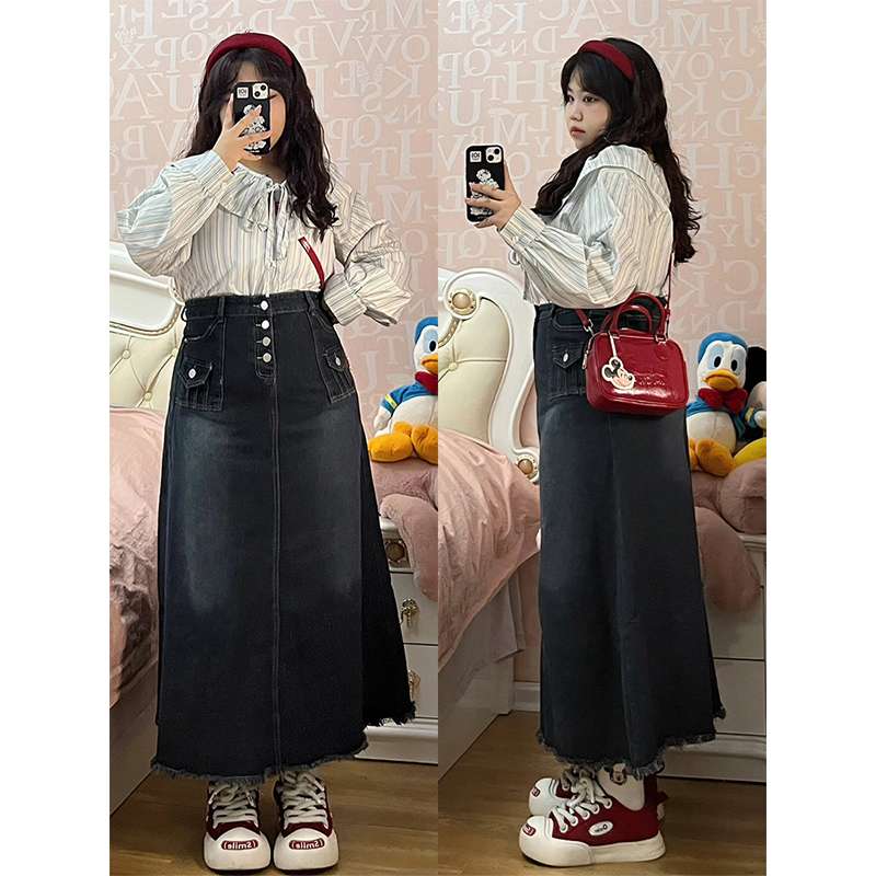 30代ファッション クラシカルロングデニムスカート