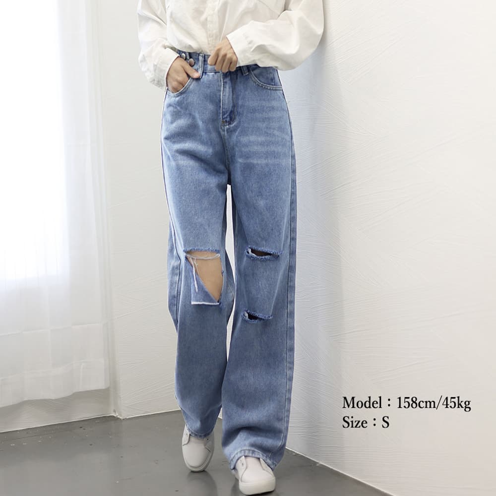 30代ファッション ダメージデニムパンツ ハイウエスト美脚ストレート