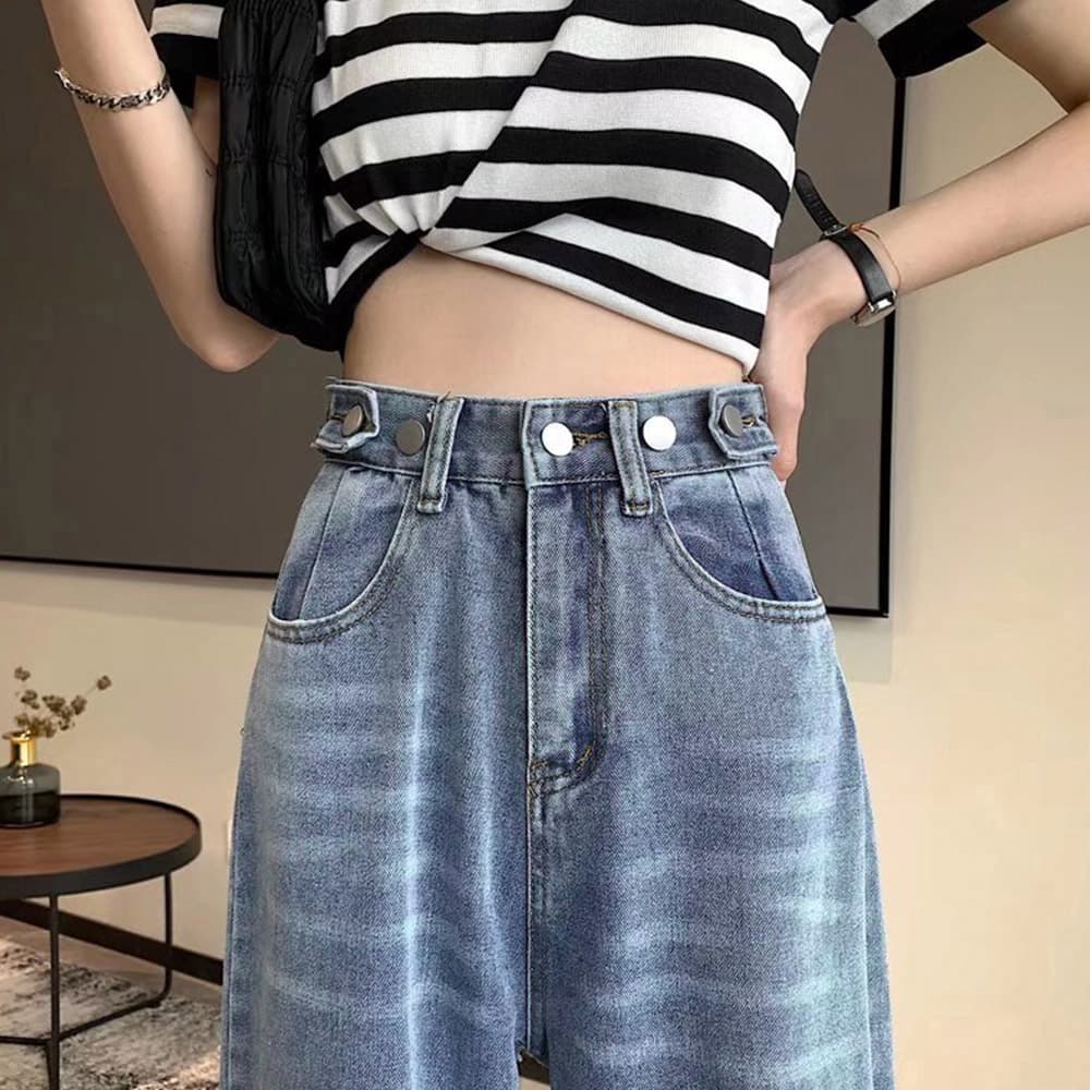 30代ファッション ダメージデニムパンツ ハイウエスト美脚ストレート