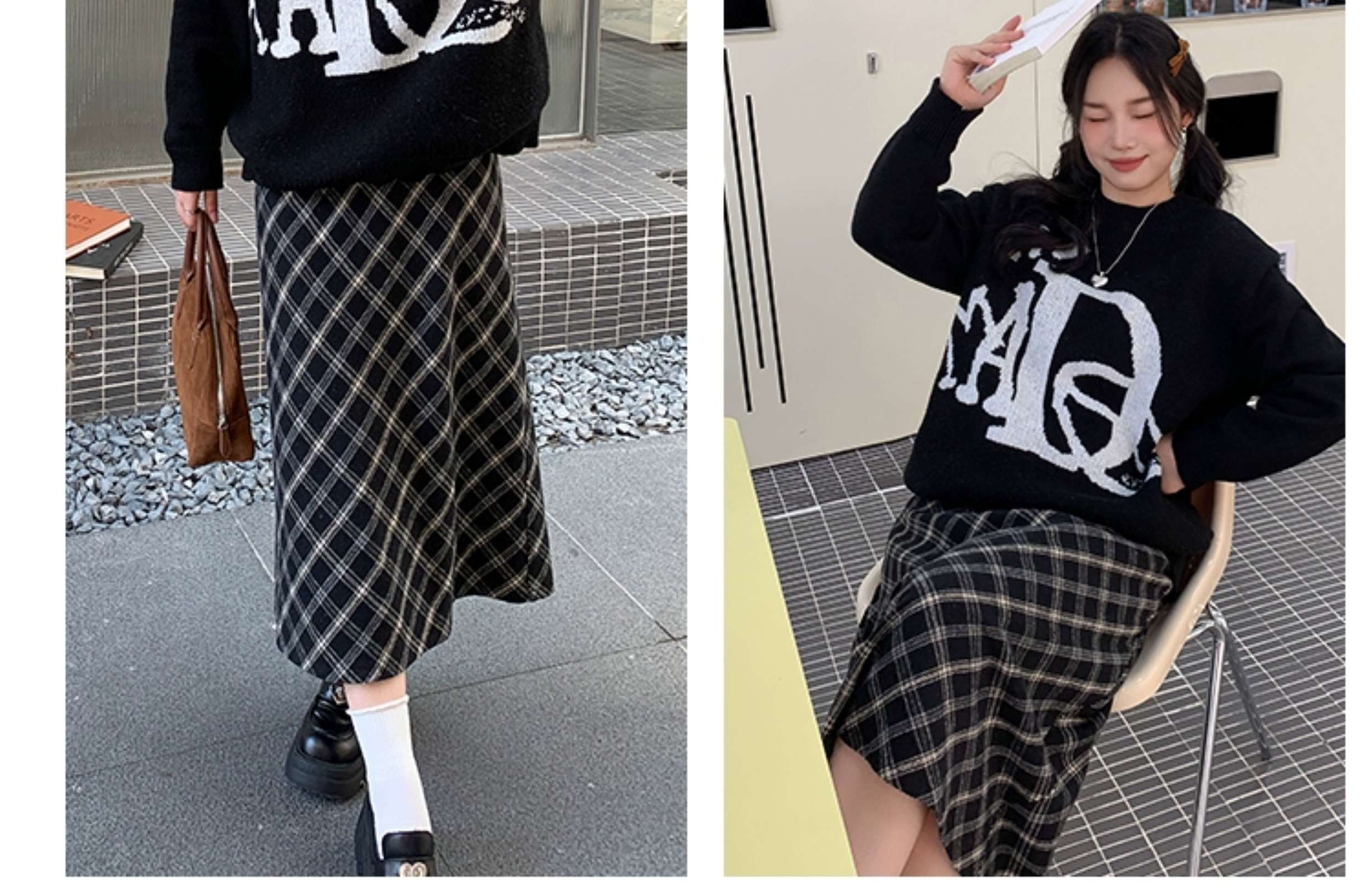 30代ファッション チェック柄ロングスカート