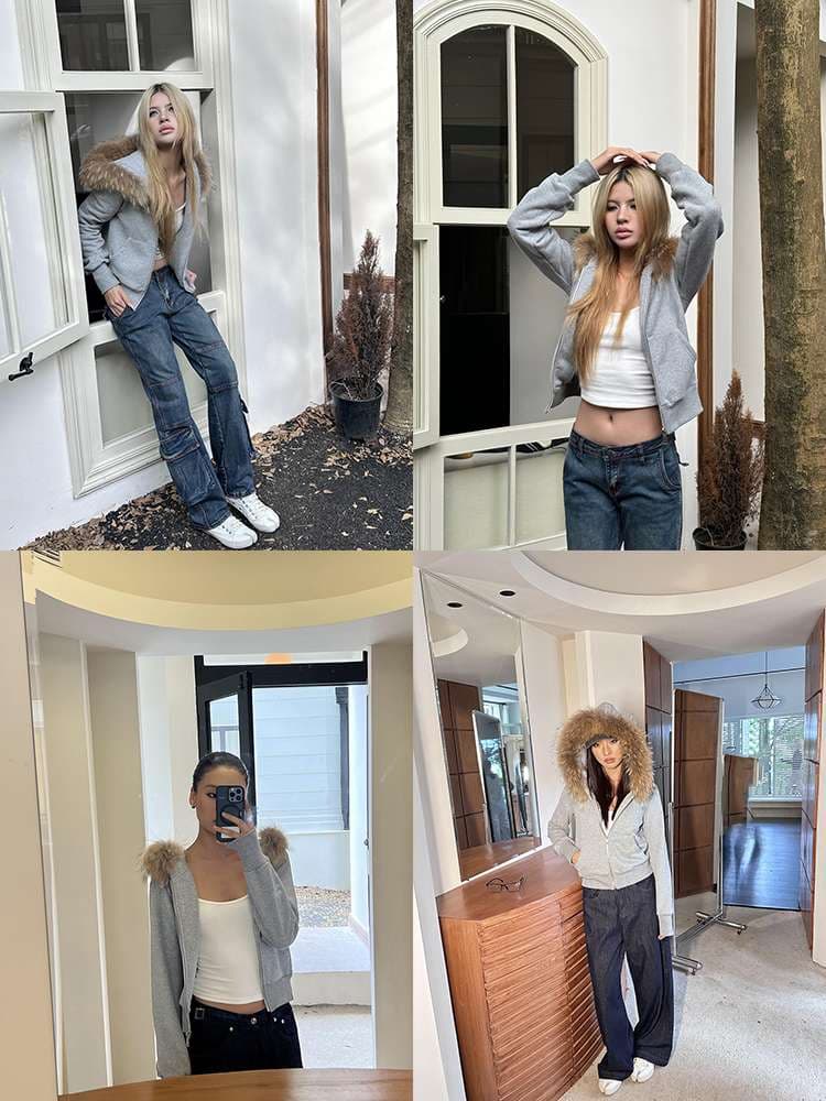 30代ファッション ファーフード付きジップアップパーカー