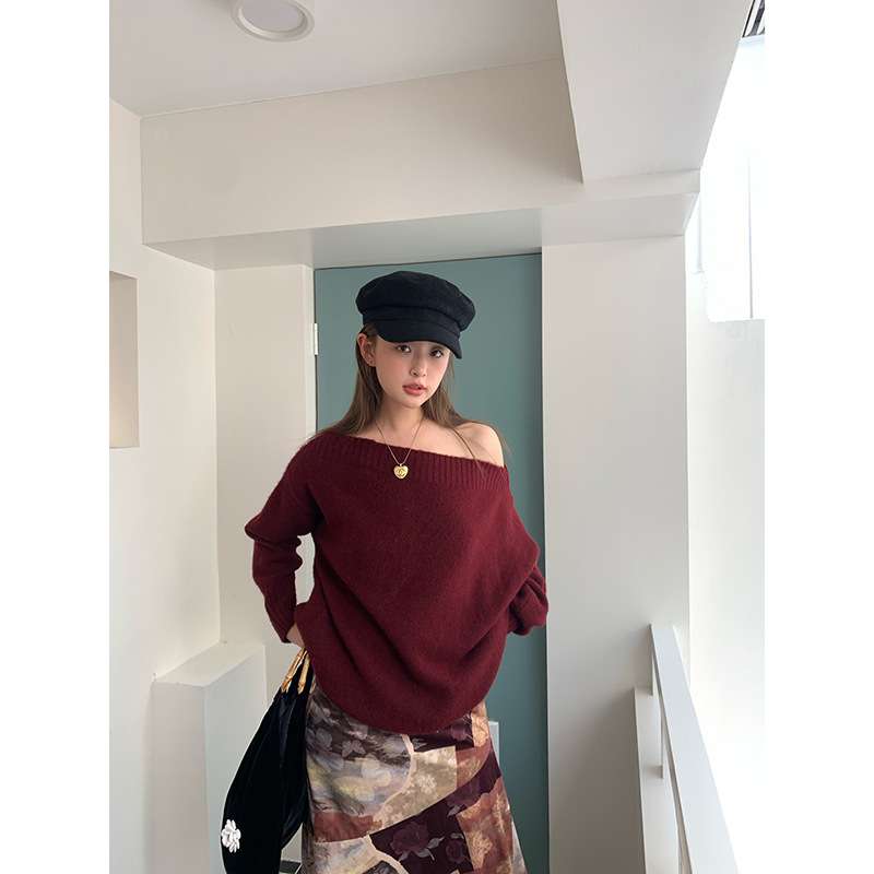 30代ファッション オフショルダーざっくりニット