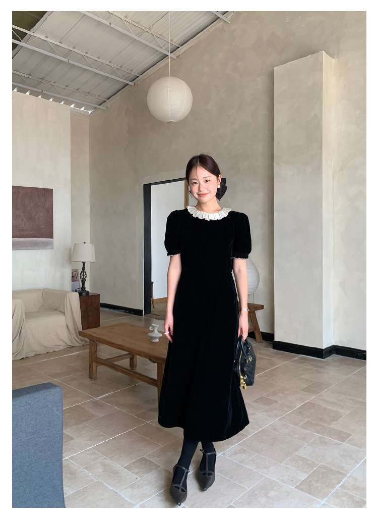 30代ファッション クラシカルフリルカラーワンピース