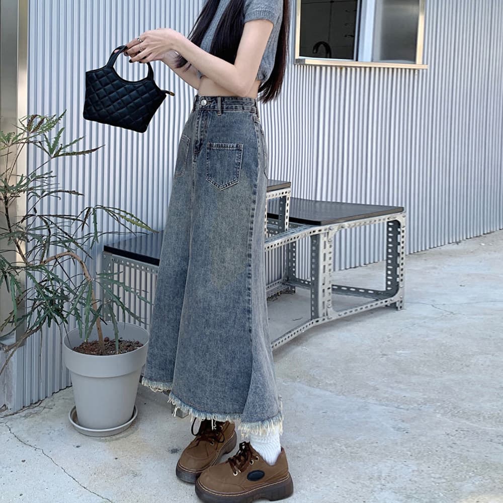 30代ファッション フリンジデニムスカート ロング丈 ハイウエスト