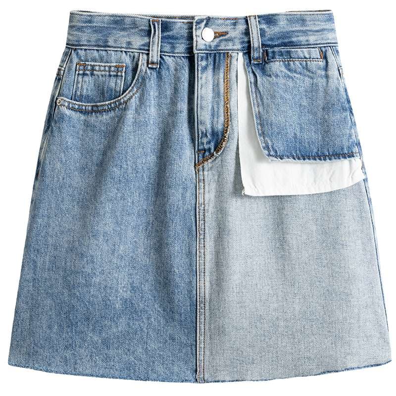 30代ファッション アシンメトリーパッチ デニムミニスカート