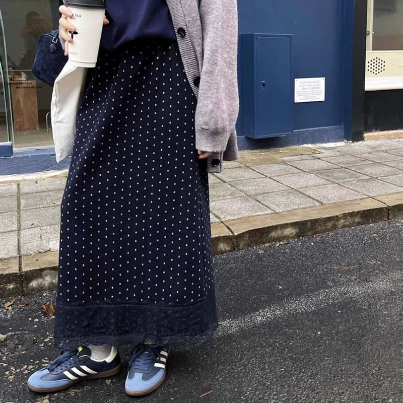 30代ファッション レトロ水玉レース切替ロングスカート