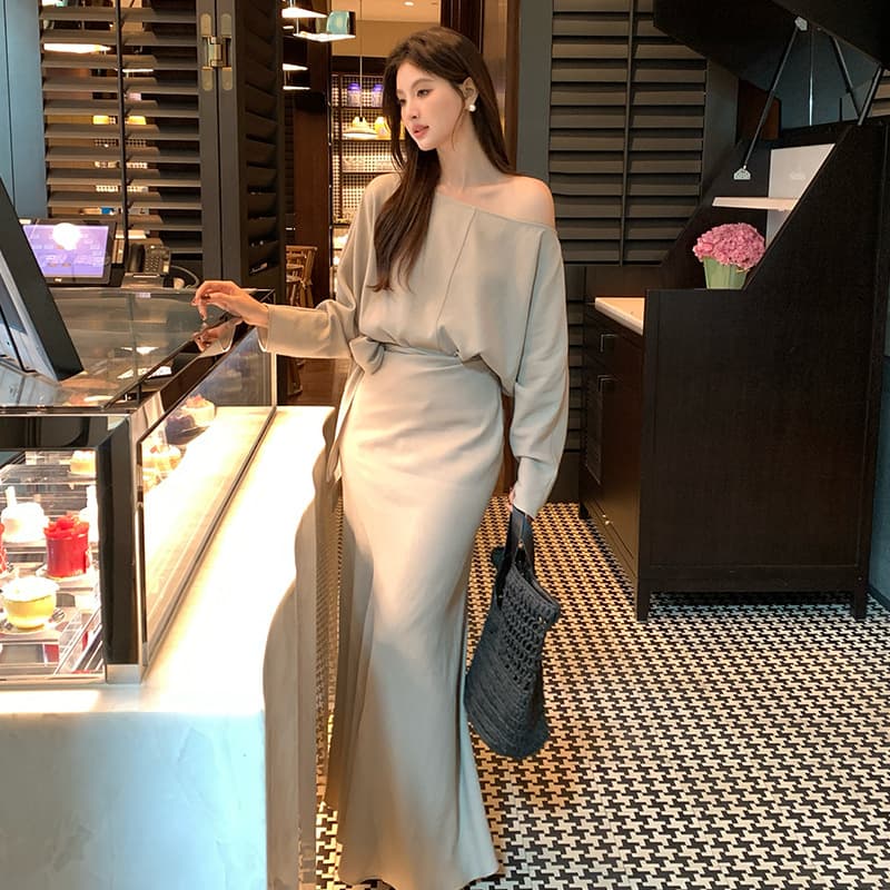 30代ファッション オフショルダー マキシワンピース