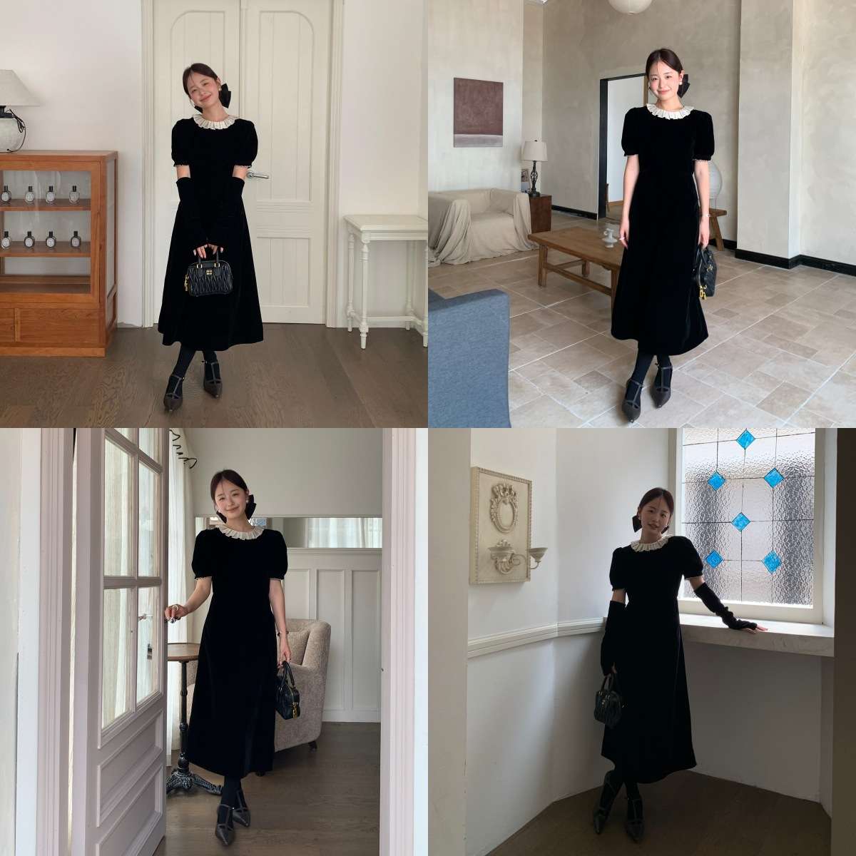 30代ファッション クラシカルフリルカラーワンピース