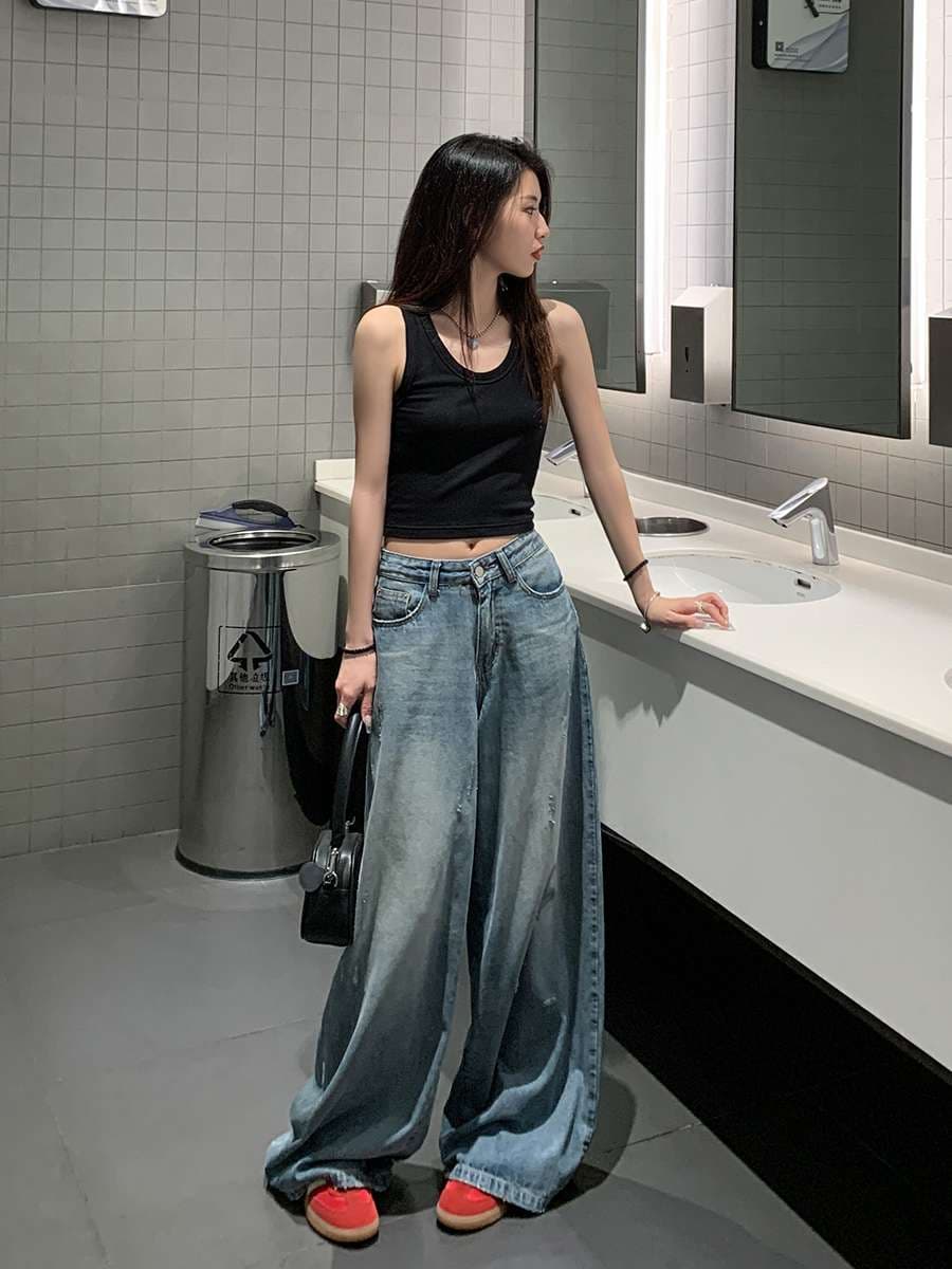 30代ファッション リラックスワイドデニムパンツ