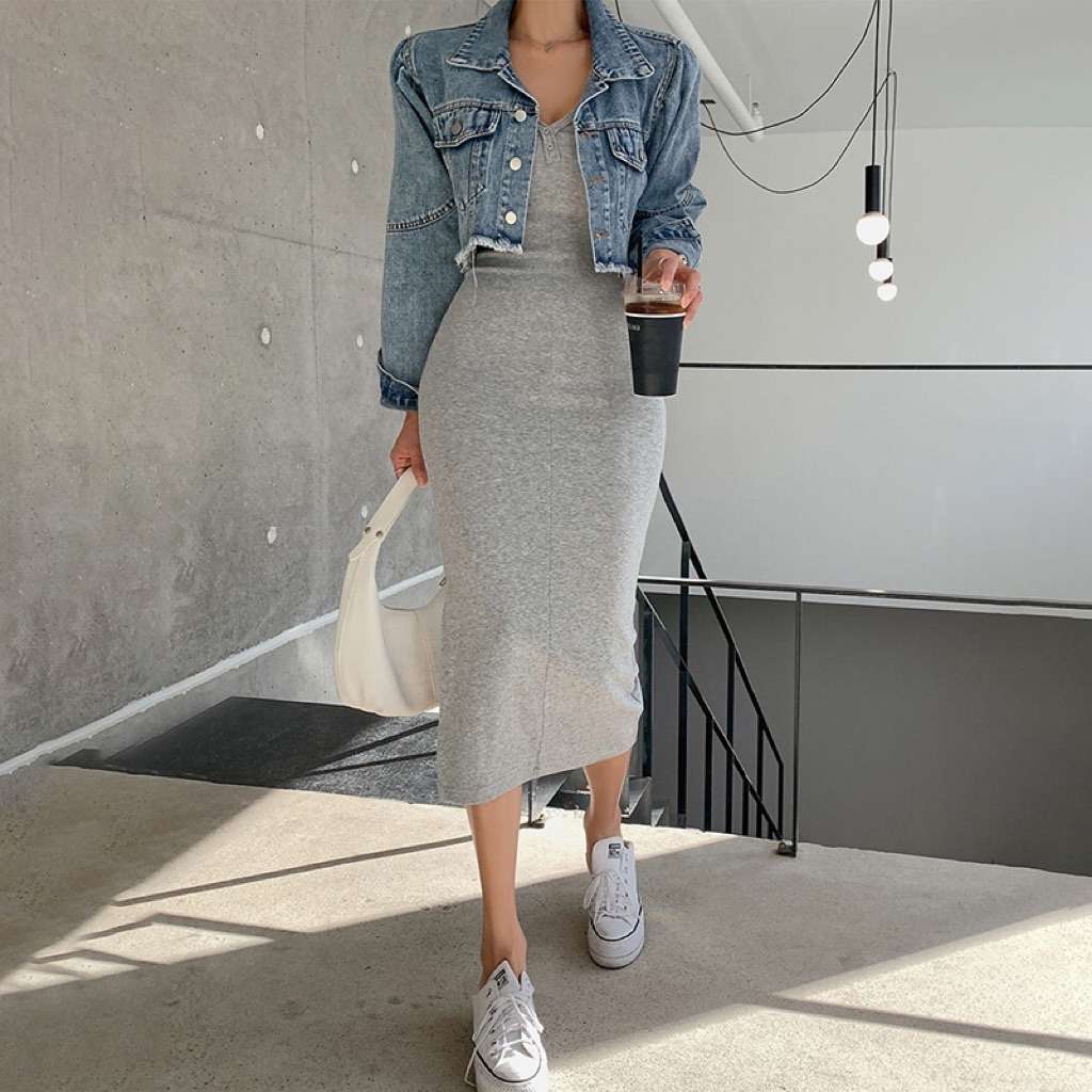 30代ファッション  シンプルロングニットワンピース