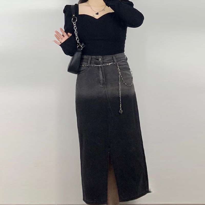 30代ファッション 大人のロングデニムスカート
