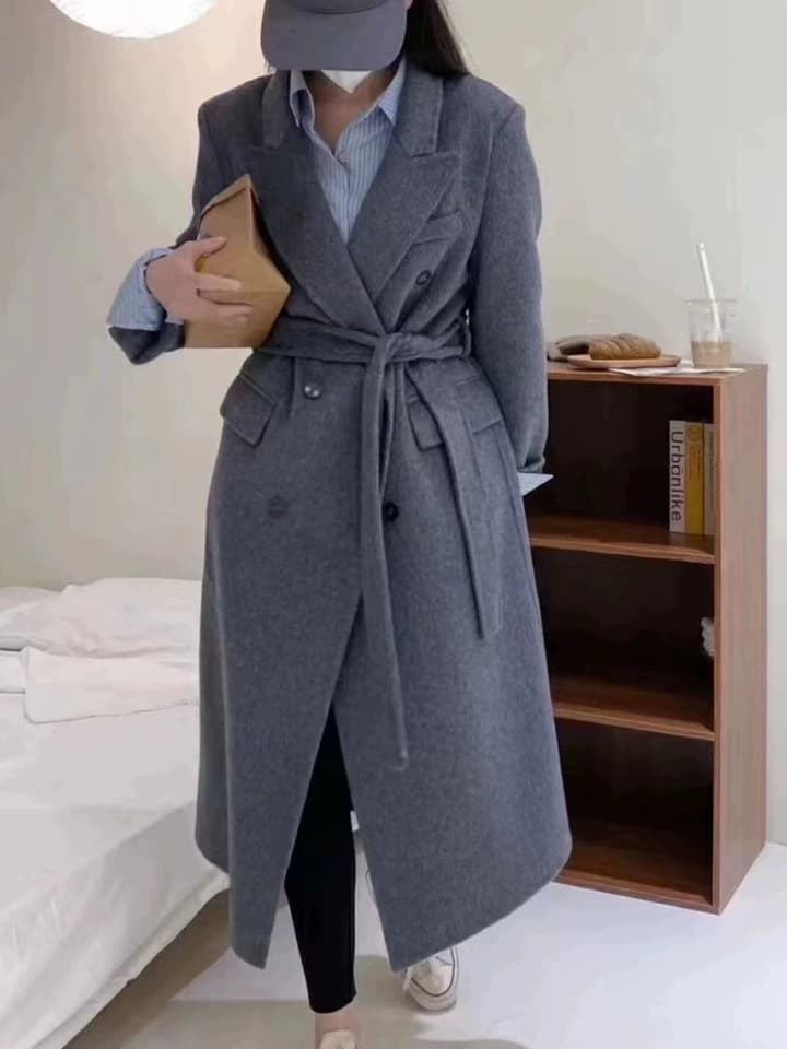 30代ファッション ベルト付きダブルウールロングコート